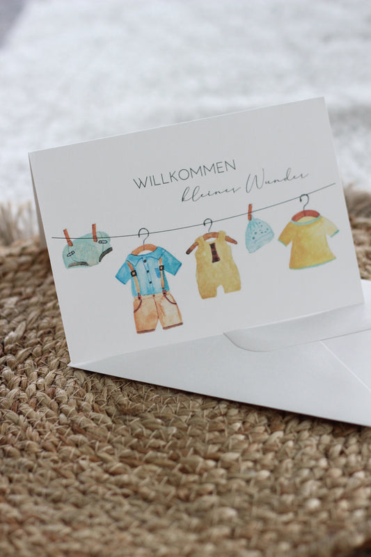 Faltkarte zur Geburt - Wäscheleine Junge