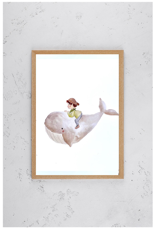 Kinderzimmer Poster DIN A4 - Junge auf dem Wal